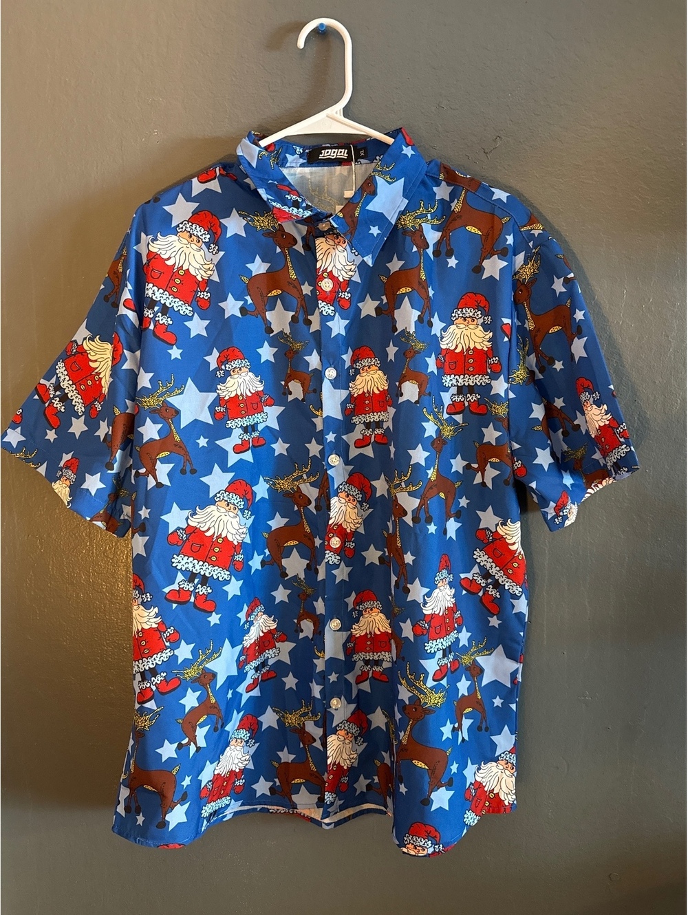 Jogal XL Blue Christmas Santa and Reindeer Button-Up Shirt
